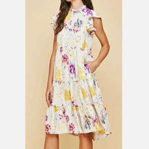 PINCH Polyester Color Splash Tiered Dress Stand Collar Flutter Sleeve Medium